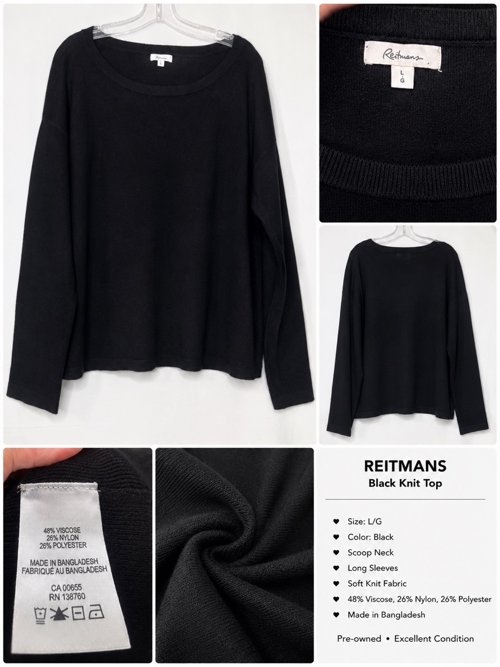 Reitmans Black Scoop Neck Knit Top - Long Sleeve